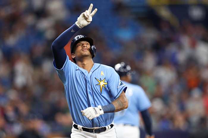 Tampa Bay Rays first baseman Christian Bethancourt (14) reacts after hittting a two-run home run against the New York Yankees in the seventh inning. (Nathan Ray Seebeck-USA TODAY Sports)